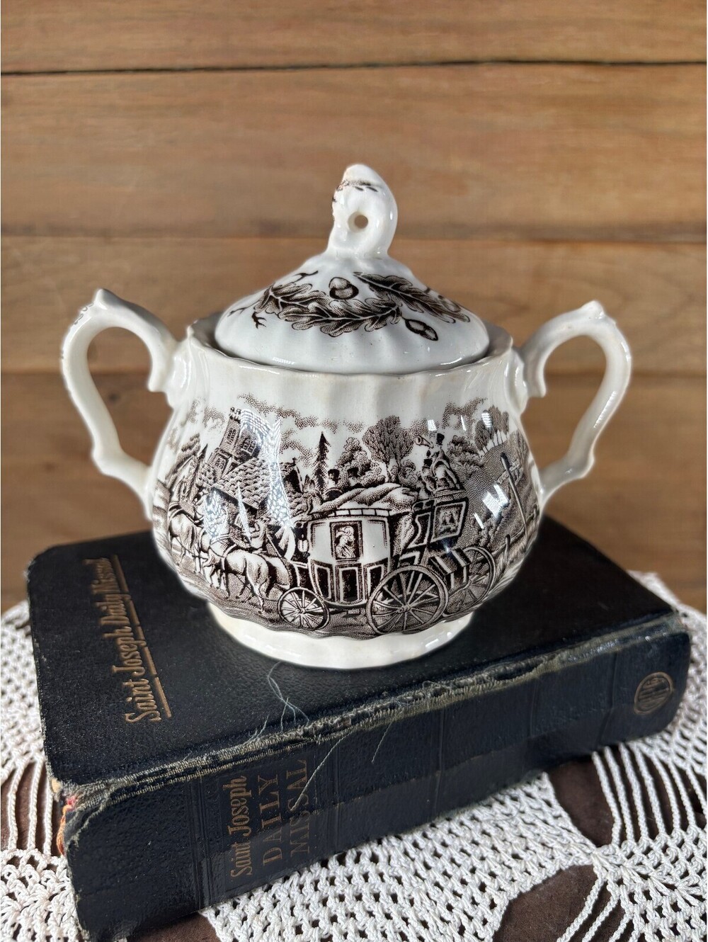Vintage English Brown & White Transferware Sugar Bowl Pot Myott Staffordshire